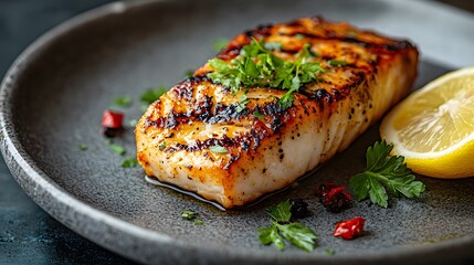 Expertly prepared black cod fillet features perfect grill marks and fresh garnishes, presented on gray ceramic plate with professional styling and moody atmospheric lighting.