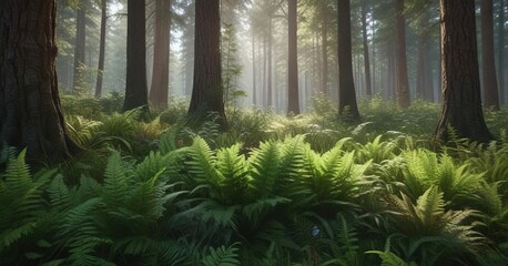 Fototapeta premium Ferns and wildflowers growing in a shaded clearing under long leaf pines, subtropical woodland, dense undergrowth