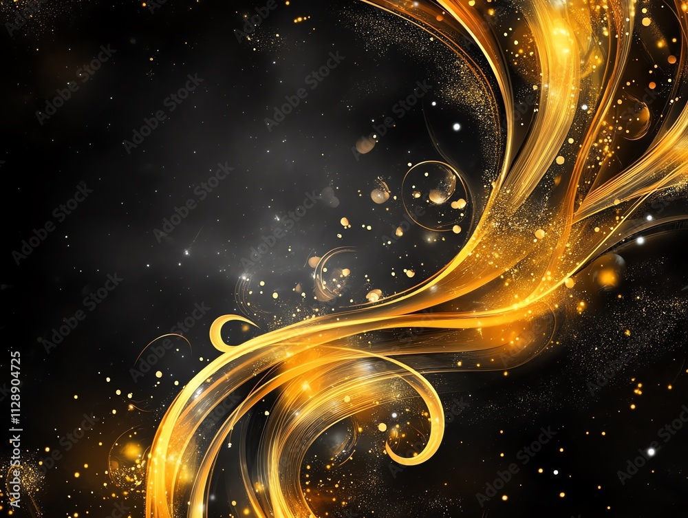 Poster a vibrant abstract design featuring golden swirls and sparkles against a dark background.