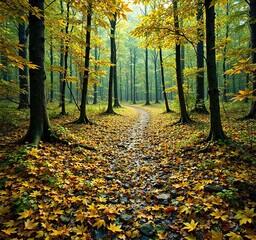 Forest floor covered with wet yellow and green maple leaves , background, fallen