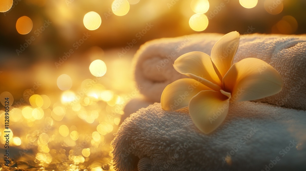 Aufkleber Soft towels are elegantly arranged with a fragrant flower resting on top, creating a calming atmosphere. The warm, ambient light enhances the immersive sensations of relaxation and aromatherapy.