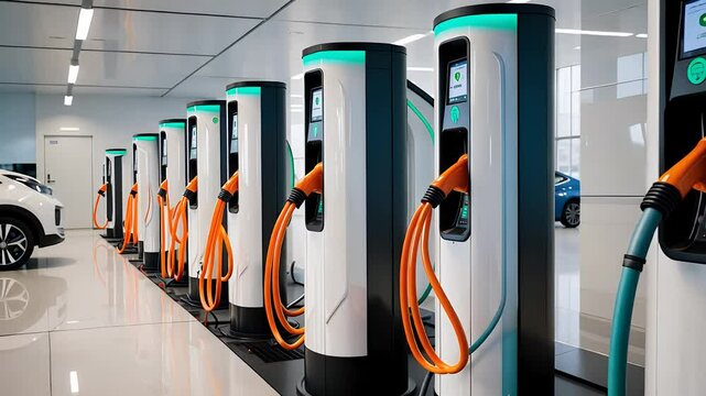 Row of Modern Electric Vehicle Charging Stations with Orange Cables in a Clean Indoor Facility

