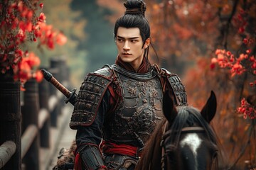A young ancient Chinese warrior with a determined expression, wearing traditional armor, riding a horse on a wooden bridge, surrounded by flowers 2