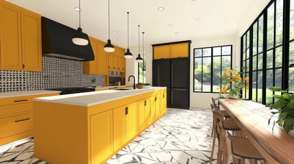 Obraz premium A contemporary kitchen layout with mustard yellow cabinets, matte black fixtures, and geometric tile flooring in a sunlit open space
