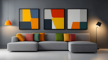 Modern living room with abstract art and colorful cushions.