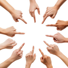 Multiple hands pointing towards  center, white background,frame style,copy space.