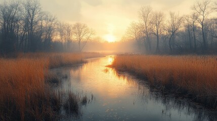 Obraz premium Serene Landscape at Sunrise Over a Tranquil Meadow with Misty Reflections in the Water Surrounded by Bare Trees and Golden Grasses