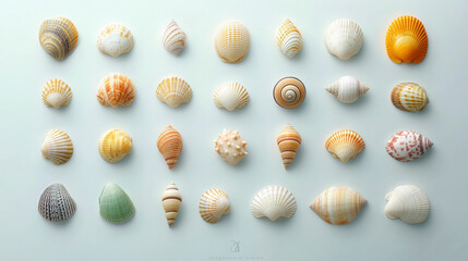 A collection of assorted seashells arranged in neat rows on a light surface, showcasing their diverse shapes, colors, and intricate patterns.