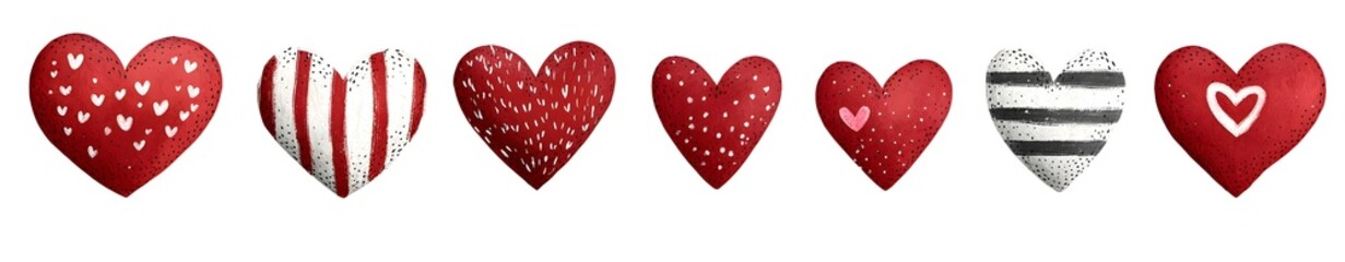 Various Red Hearts with Unique Patterns for Romantic and Festive Themes