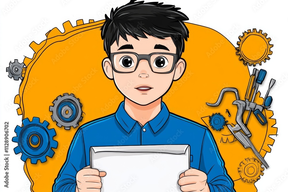Poster a 2d illustration of an engineer holding a blueprint with gears and tools in the background, drawn i