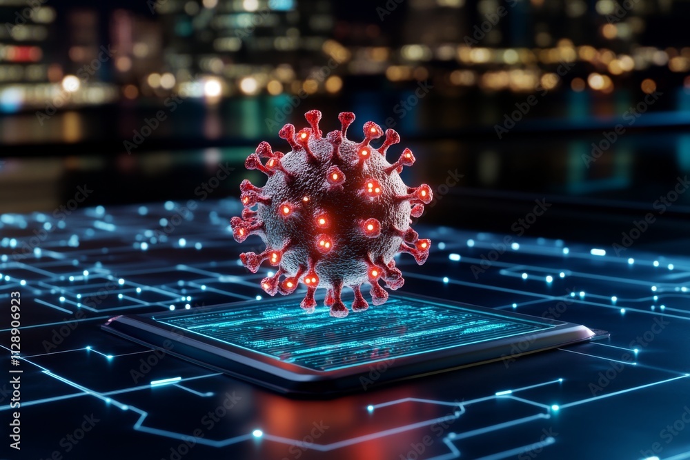 Poster A 3D-rendered model of a virus structure floating in a dark void, surrounded by glowing digital annotations explaining its properties