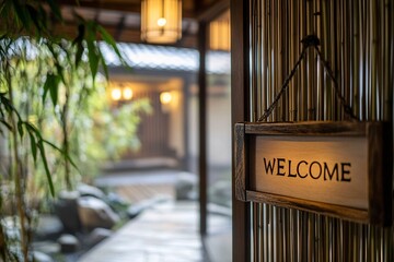 A traditional Japanese wooden sliding door with a "WELCOME" sign in calligraphy, surrounded by bamboo, soft natural lighting, serene atmosphere 3
