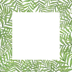 Palm leaves watercolor frame with empty space for text. Tropical jungle green lush foliage summertime illustration. Floral template for greeting card, wedding invitation, label design