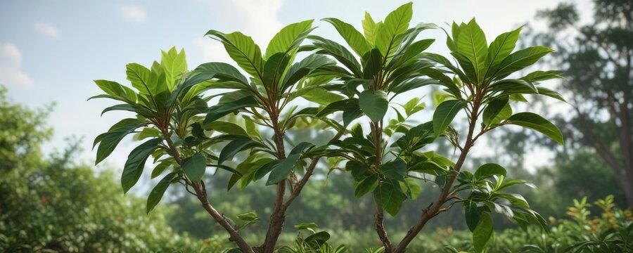 Green Alstonia scholaris foliage with emerging young shoots in the field , outdoor, greenery, plants
