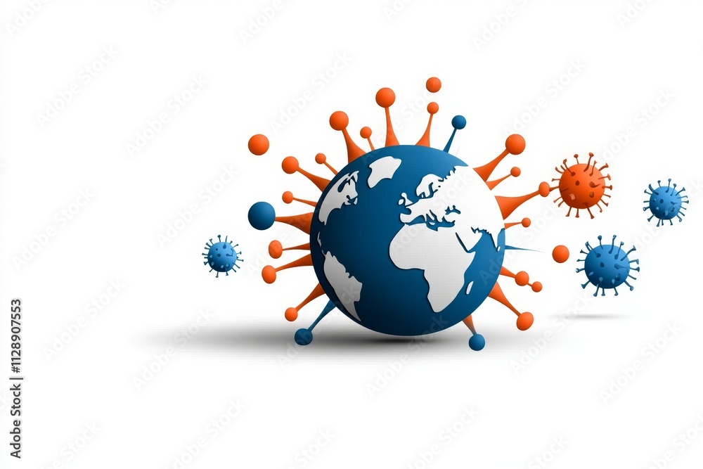 Poster a bold infographic-style design of a globe surrounded by abstract virus symbols, with clean lines an