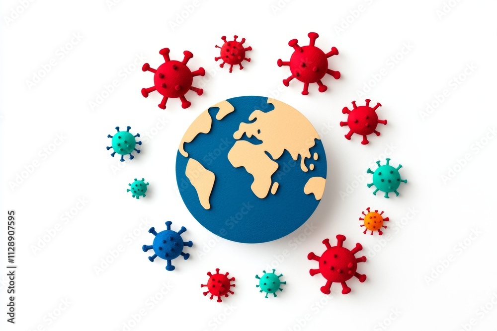 Poster a bold infographic-style design of a globe surrounded by abstract virus symbols, with clean lines an
