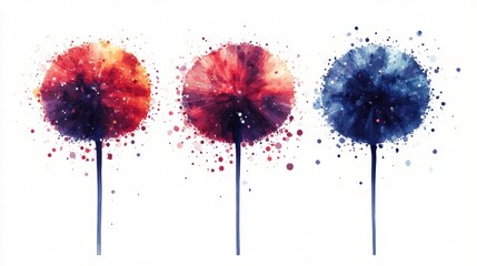 Artistic Watercolor Dandelions in Red, Pink, and Blue