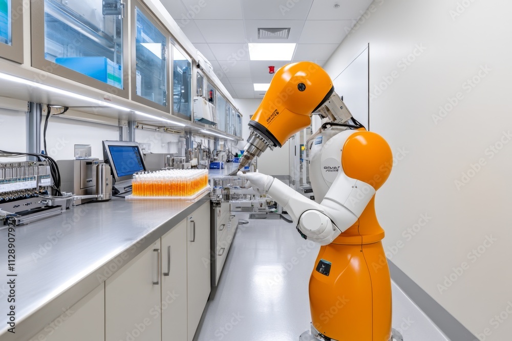 Poster a busy testing lab with robotic devices processing samples, and scientists monitoring progress on di