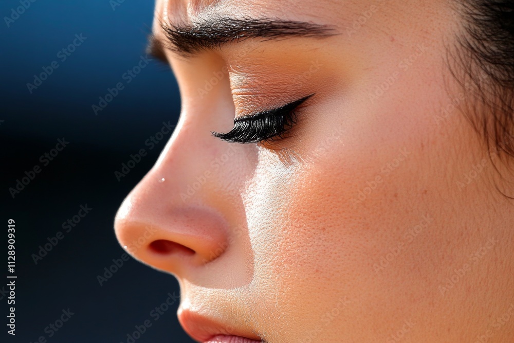 Poster a close-up of a person face with a single tear rolling down their cheek, captured in a moment of sad