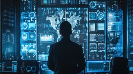 It specialist is working in a network operations center analyzing big data on multiple computer screens showing various charts, graphs, and a world map