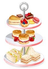 Traditional British Afternoon Tea Snacks Tray with Savouries, Scones and Sweets Courses.
