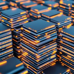 Close-up of stacked electronic circuit boards with glowing elements, showcasing intricate design and modern technology.