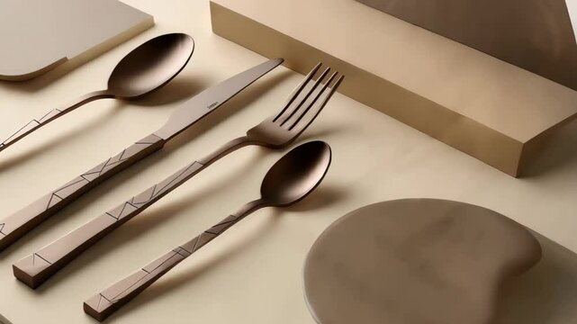 Modern and elegant bronze cutlery set with a unique design is rotating on a table. The set is placed on a beige background with geometric shapes