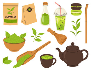 Matcha. Set of illustrations of green tea, ground matcha powder, teapot with cup. Paper packaging of tea. Tools for making matcha drink.