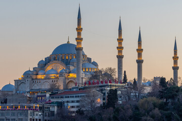 Naklejka premium Suleymaniye Mosque Ottoman imperial mosque at sunset, Historical Suleymaniye Mosque Istanbul most popular tourism destination of Turkey, Golden Horn, Istanbul, Turkiey,