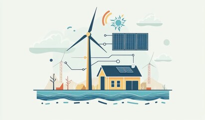 Flat illustration of wind turbine and solar panel energy sources