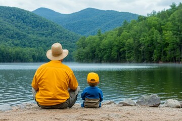 A grandfather teaching his grandson how to fish at a quiet lakeside, with a gentle mist rising from the water