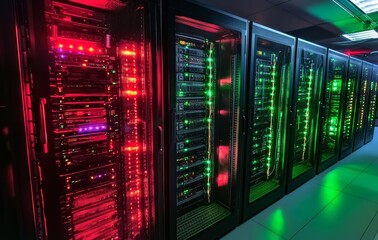 Data center server room with glowing racks.