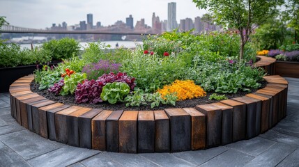 Fototapeta premium Stunning Urban Garden with Lush Vegetables and Colorful Flowers Surrounded by a Modern Landscape in a Metropolitan Setting