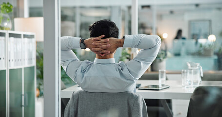 Back, relax and man in office, business and completed task with success, resting and calm. Person, accounting and employee at desk, comfortable or satisfied with project, deadline or hand behind head