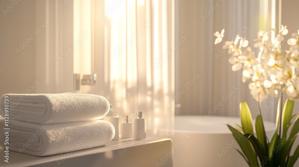 Poster Soft sunlight filters through sheer curtains, illuminating neatly stacked towels beside elegantly arranged aromatherapy bottles and a tranquil plant. The ambiance invites relaxation and serenity.