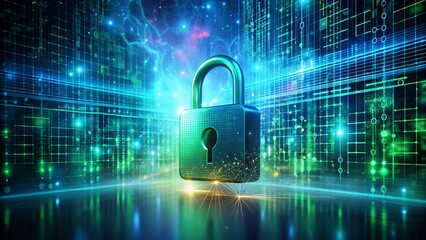 Cybersecurity in Action: A Glowing Padlock Symbolizing Digital Asset Protection Amidst Dynamic Data Streams in a Complex Cyber Landscape