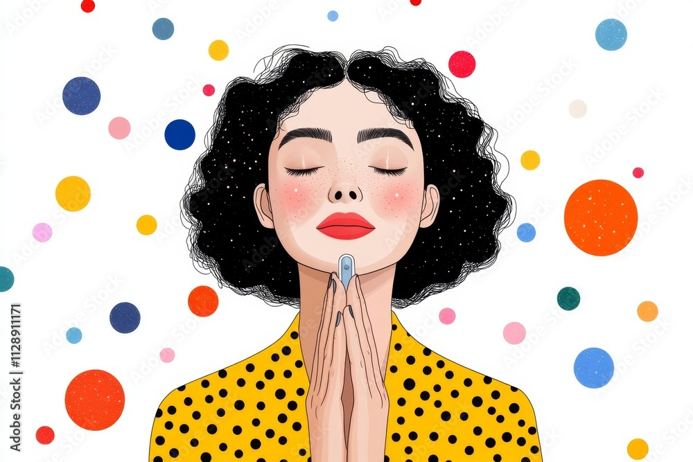 Poster A colorful 2D illustration of a person smiling while using an epilator, surrounded by playful sparkles, set against a clean white background