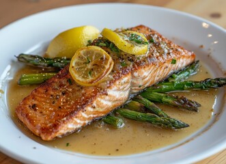 Pan-seared salmon fillet with lemon butter sauce, served with grilled asparagus and lemon wedges on a white plate.