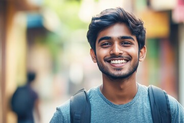 Happy young man smiling during the daytime in an urban setting with blurred background and casual attire, radiating confidence and positivity