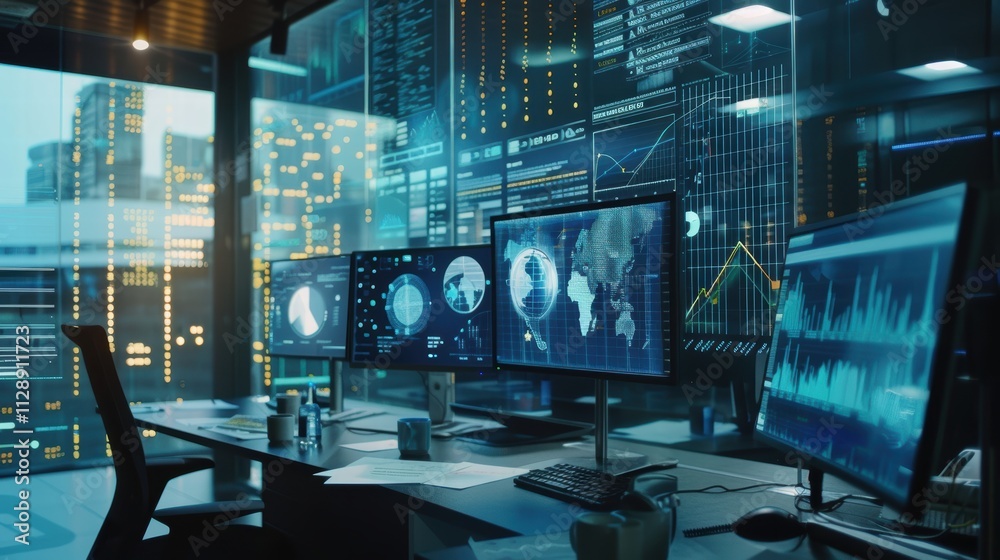 Poster modern office workspace with multiple monitors displaying data analysis