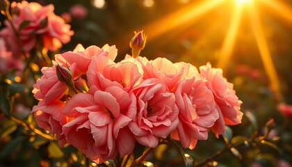 Depict a cluster of wild roses in warm shades of pink and coral, bathed in golden sunset light, The petals are slightly wind-swept, and a soft sunbeam filters through the leaves, creating a tranquil. 