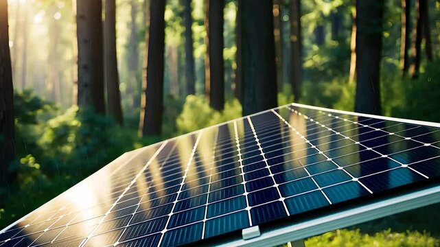 Solar Panel in Forest Environment Capturing Sunlight for Renewable Energy Production

