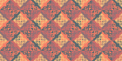 Fototapeta premium Ornate decorative pattern with vintage tile design. Seamless abstract background in warm tones featuring symmetrical motifs.
