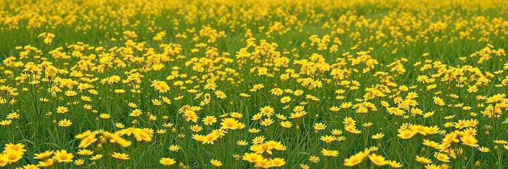 Fototapeta premium Small yellow wildflowers densely packed in a lush green meadow landscape, small yellow flowers, floral composition, nature's colors