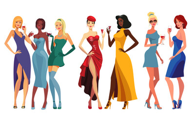 Attractive ladies in cocktail dresses standing in a pose with glasses of drinks in their hands vector illustration