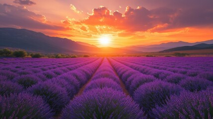 Vibrant sunset over a vast lavender field, rows leading to distant mountains.