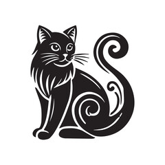 Cat Silhouette Vector Illustration, Solid White Background.