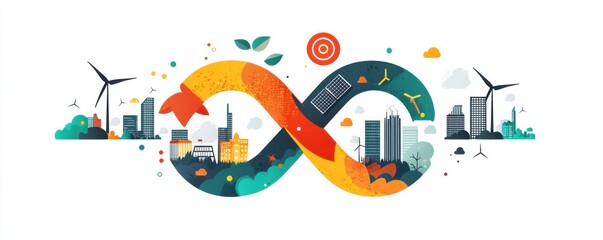 Sustainable city with infinite loop and renewable energy symbols