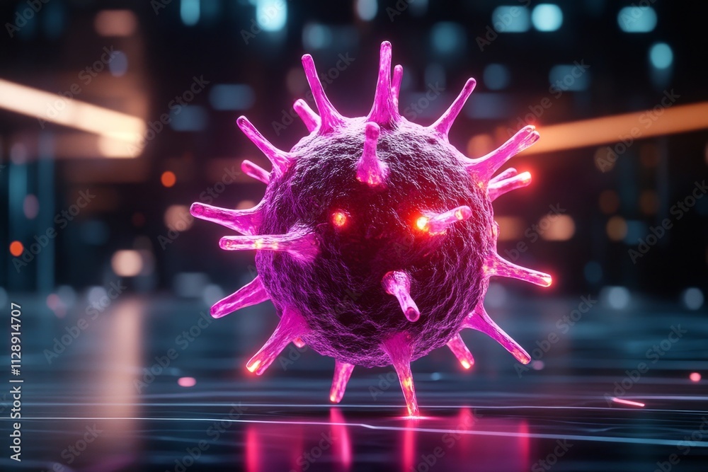 Aufkleber a dramatic image of a virus model floating in an ethereal dark void, with glowing spikes representin