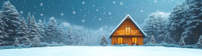 Cozy Log Cabin among Snowy Evergrees at Night, Realistic banner Radiating Tranquility and Winter Charm